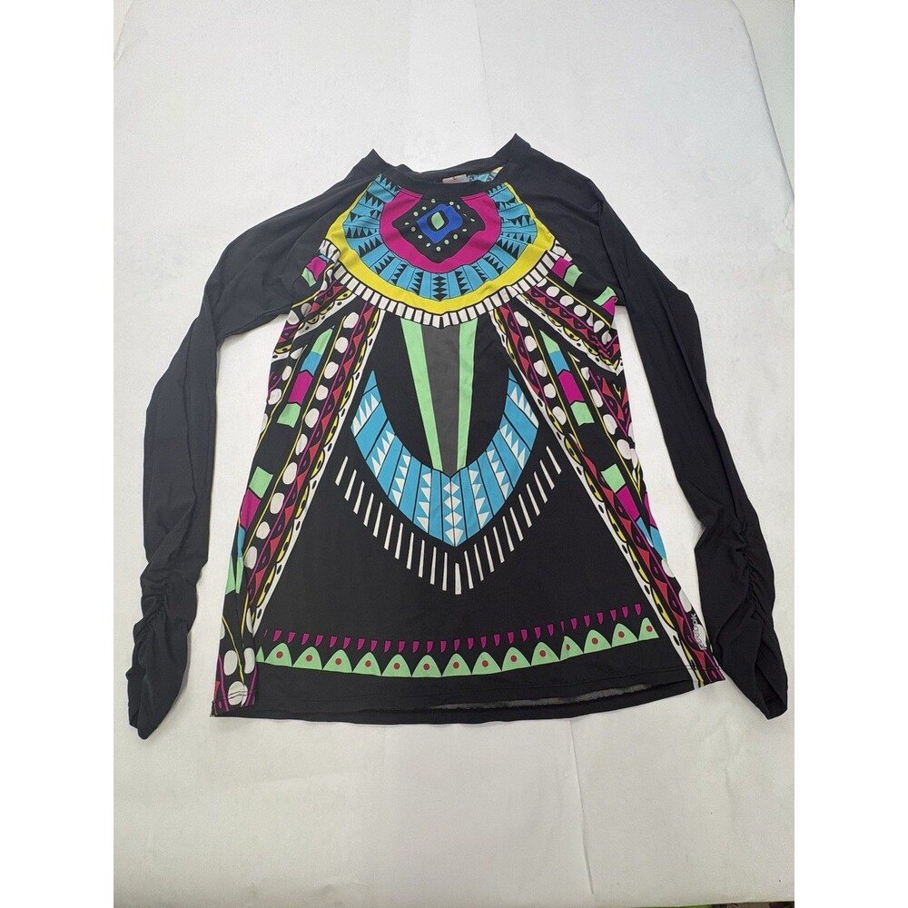 Reebok Athletic Top Womens L Black Multicolor Geometric Long Sleeve Stretch